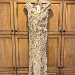 Embellished Champagne Cap Sleeve Maxi Dress
